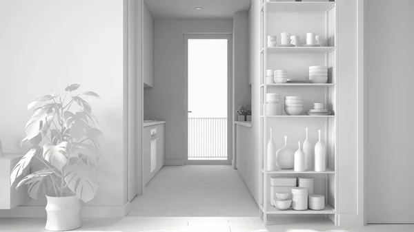 Projeto branco total da sala de estar minimalista com cozinha pequena, piso em parquet, planta em vaso, sistem de prateleiras com decorações, telhas, arquitetura ideia conceito de design de interiores — Fotografia de Stock