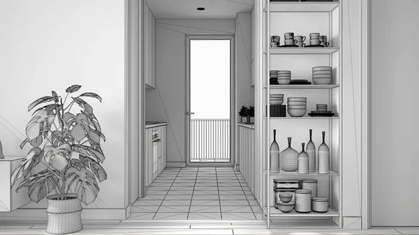 Ofullbordade projekt av minimalistisk vardagsrum med litet kök, parkettgolv, kruk växt, hyllor sistem med dekorer, färgade kakel, arkitektur inredningskoncept idé — Stockfoto