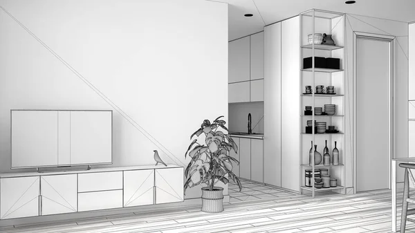Niedokończony projekt minimalistyczny salon z małą kuchnią, parkiet, Szafka TV, roślina doniczkowa. Skandynawskie kolorowe kafelki i dekory, koncepcja architektury wnętrz — Zdjęcie stockowe