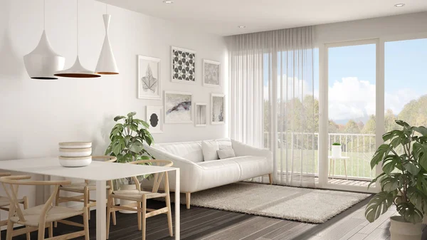 Yemek masası, kanepe ve kürk halı, saksı bitki ve parke zemin, çağdaş mimari iç tasarım ile sıcak ve confortable İskandinav beyaz ve gri oturma odası