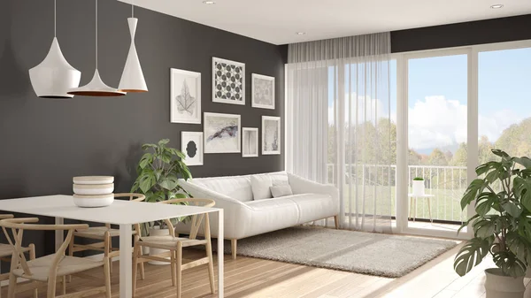Yemek masası, kanepe ve kürk halı, saksı bitki ve parke zemin, çağdaş mimari iç tasarım ile sıcak ve confortable İskandinav beyaz ve gri oturma odası