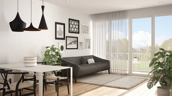 Yemek masası, kanepe ve kürk halı, saksı bitki ve parke zemin, çağdaş mimari iç tasarım ile sıcak ve confortable İskandinav beyaz ve gri oturma odası