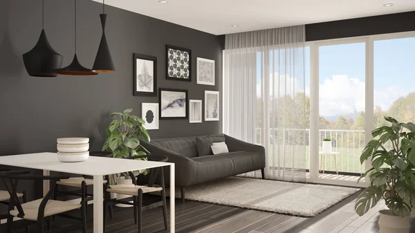 Yemek masası, kanepe ve kürk halı, saksı bitki ve parke zemin, çağdaş mimari iç tasarım ile sıcak ve confortable İskandinav beyaz ve gri oturma odası