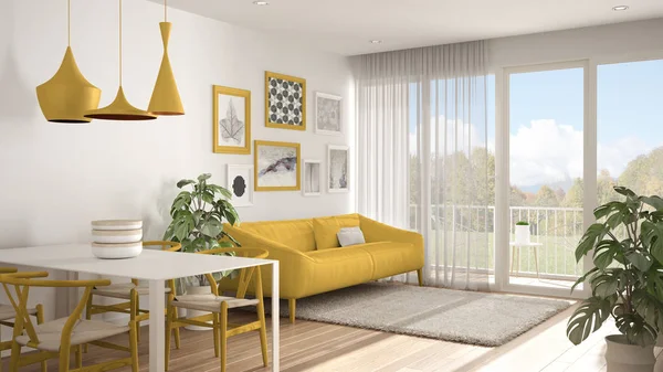 Warm and confortable colored white and yellow living room with dining table, sofa and fur carpet, potted plant and parquet floor, contemporary architecture interior design