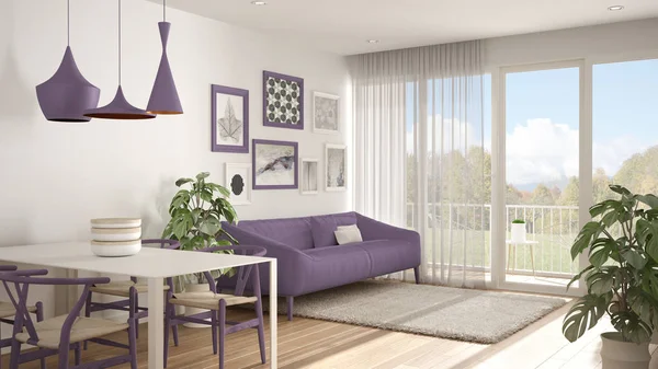 Yemek masası, kanepe ve kürk halı, saksı bitki sehpa ve parke zemin, çağdaş mimari iç tasarım ile sıcak ve confortable renkli beyaz ve menekşe oturma odası