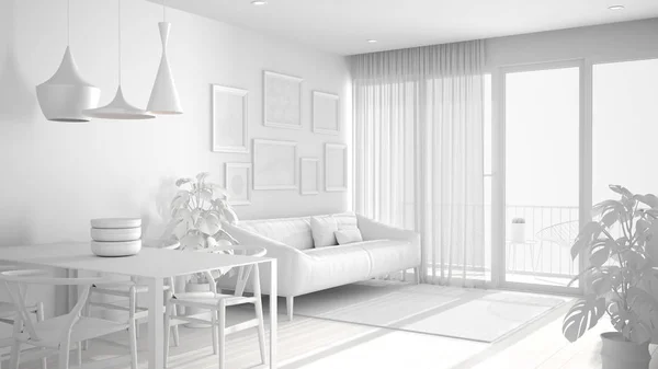 Celkový bílý projekt s teplou a předzbarvenou bílou obývací místností s jídelním stolem, pohovkou a kožním kobercem, květinovými a parketami, designem interiéru architektury — Stock fotografie