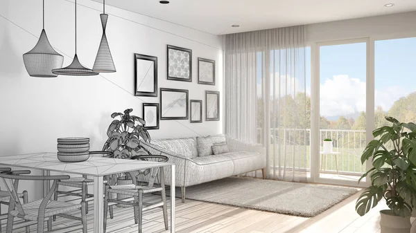 Mimar iç tasarımcı kavramı: yemek masası, kanepe ve halı, konsept fikir ile gerçek, sıcak ve confortable renkli beyaz oturma odası olur bitmemiş proje