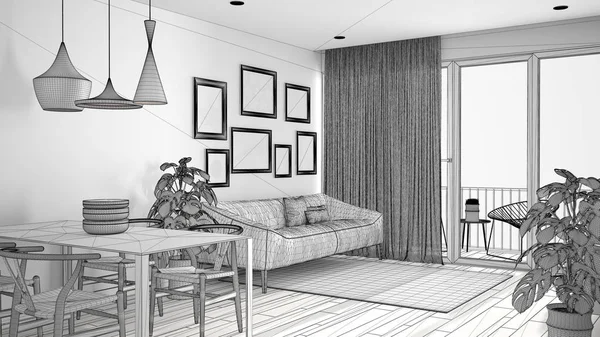 Yemek masası, kanepe ve kürk halı, saksı bitki ve parke, modern mimari konsept fikir ile sıcak ve confortable renkli whiteliving oda bitmemiş proje