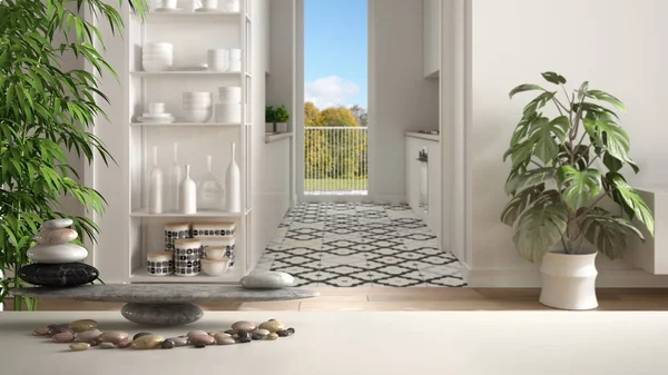 Çakıl dengesi ve 3d harflerile beyaz masa raf çağdaş düz panoramik pencere ile modern beyaz küçük mutfak üzerinde kelime feng shui yapma, zen kavramı iç tasarım