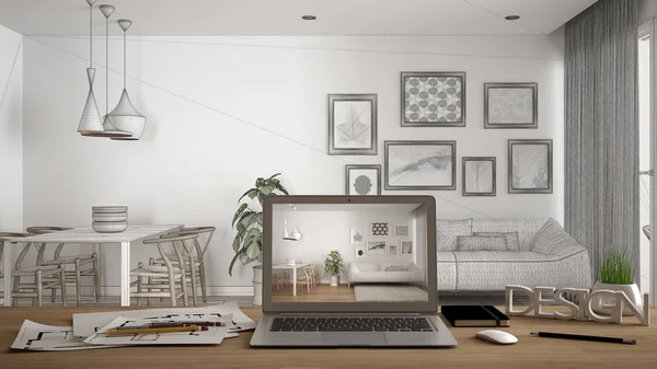 Концепция рабочего стола архитектора, ноутбук на деревянном рабочем столе с экраном с дизайном интерьера, чертежный фон, современная белая гостиная с диваном и ковровым покрытием — стоковое фото