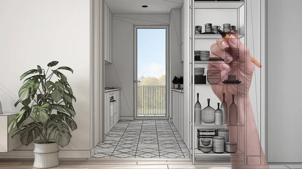 Architect interior designer concept: hand drawing a design interior project while the space becomes real, modern white and wooden small kitchen with panoramic window