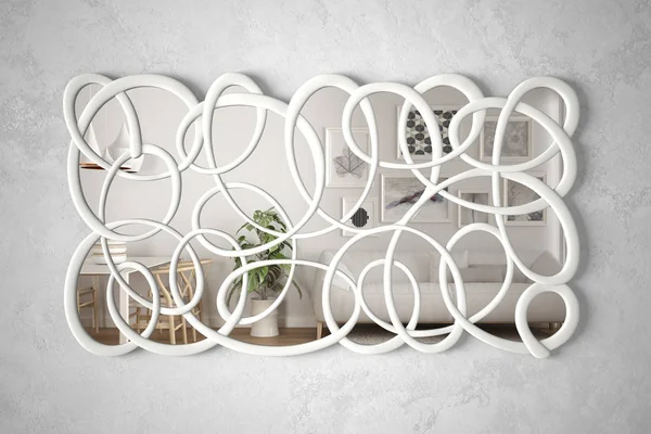 인테리어 디자인 현장, 밝은 흰색과 나무 거실, 미니멀 한 흰색 건축, 건축가 디자이너 개념 아이디어를 반영 벽에 매달려 현대 트위스트 모양 거울 — 스톡 사진