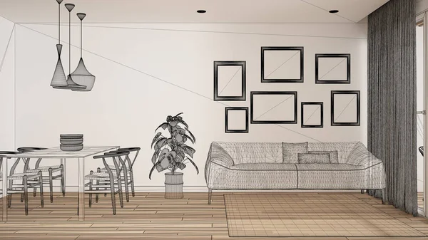 Interior putih kosong dengan lantai parket, proyek desain arsitektur kustom, sketsa tinta hitam, cetak biru yang menunjukkan ruang tamu modern, konsep, ide arsitektur — Stok Foto