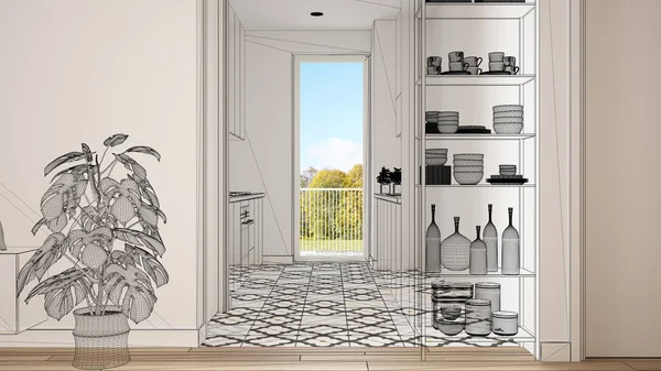 Parke zemin ve seramik karolar ile boş beyaz iç, özel mimari tasarım projesi, siyah mürekkep kroki, modern mutfak gösteren plan, konsept, maket, mimari fikir