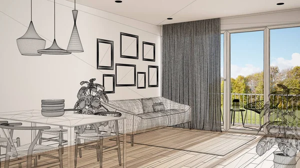 Parke zeminli boş beyaz iç mekan, özel mimari tasarım projesi, siyah mürekkep çizimi, modern oturma odasını gösteren plan, konsept, mimari fikir