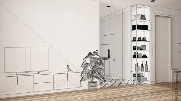 Parke zemin ve seramik karolar ile boş beyaz iç, özel mimari tasarım projesi, siyah mürekkep kroki, modern mutfak gösteren plan, konsept, maket, mimari fikir — Stok fotoğraf
