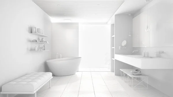 Luxusní moderní bílá koupelna s parketovou podlahou a dřevěným celilingem, velkým oknem, vanou, sprchou a dvojitým umyvadlem, koncepce designu interiéru — Stock fotografie