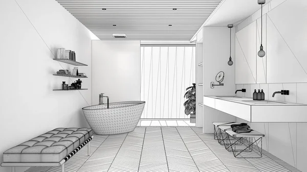 Parke zemin ve ahşap celiling, büyük pencere, küvet, duş ve çift lavabo, iç tasarım konsept fikri ile lüks modern beyaz banyo bitmemiş proje