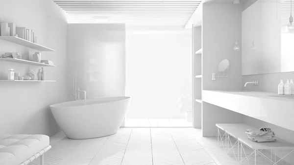 Luxus modernes weißes Badezimmer mit Parkettboden und Holzverkleidung, großes Fenster, Badewanne, Dusche und Doppelwaschbecken, Raumkonzept-Idee — Stockfoto