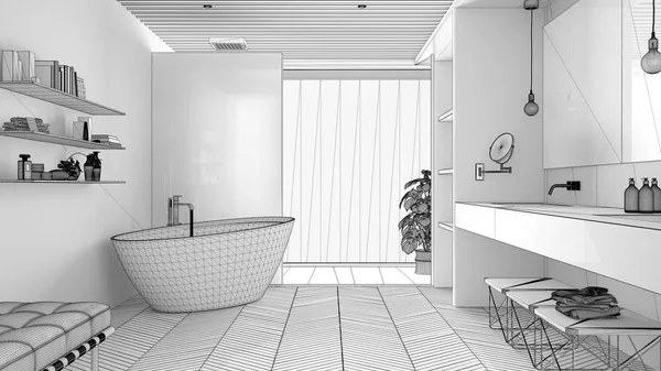 Parke zemin ve ahşap celiling, büyük pencere, küvet, duş ve çift lavabo, iç tasarım konsept fikri ile lüks modern beyaz banyo bitmemiş proje