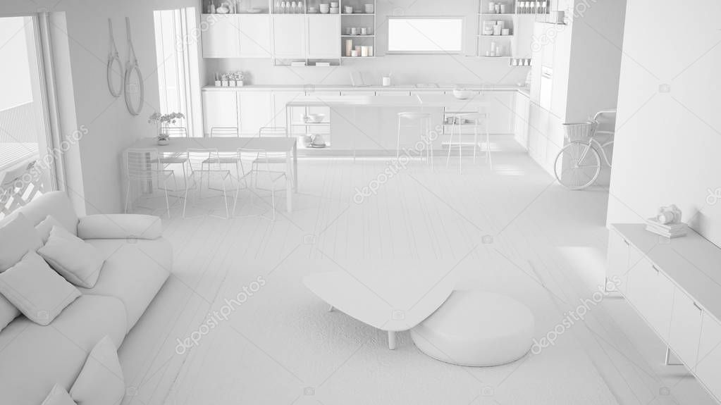Total white project of penthouse living room and kitchen interior design, lounge with sofa and carpet, dining table, parquet. Modern white architecture concept idea, top view