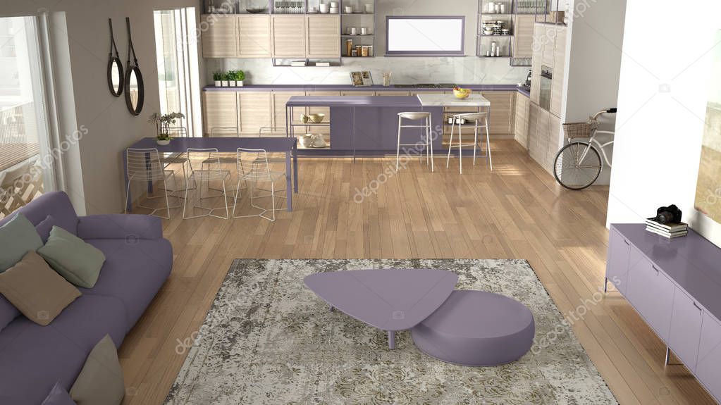 Penthouse minimalist kitchen interior design, lounge with sofa and carpet, dining table, island with stool, parquet. Modern contemporary white and violet architecture concept, top view
