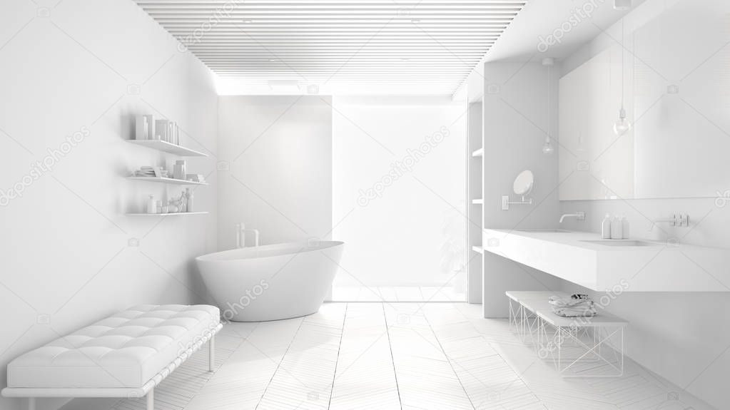 luxury modern white bathroom with parquet floor and wooden celiling, big window, bathtub, shower and double sink, interior design concept idea