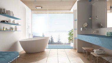 Parke zemin ve ahşap celiling ile lüks modern beyaz ve mavi banyo, deniz panorama, küvet, duş ve çift lavabo, iç tasarım, minimal mimari büyük panoramik pencere