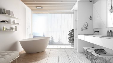 Mimar iç tasarımcı konsepti: parke ve ahşap celiling, küvet, duş ve lavabo, mimari konsept fikir ile gerçek, lüks modern banyo olur bitmemiş proje