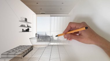 Mimar iç tasarımcı konsepti: alan gerçek olurken el çizim bir tasarım iç proje, küvet, duş ve büyük panoramik pencere ile lüks beyaz ve ahşap banyo