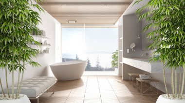 Saksı bambu bitki ile Zen iç, doğal iç tasarım konsepti, küvet, duş ve pencere ile minimalist lüks banyo, çağdaş modern mimari konsept fikir