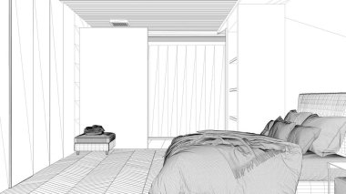 Blueprint proje taslak, parke zemin, duş, ahşap zemin, yatak, büyük gardırop, büyük panoramik pencere, modern mimari konsept fikir ile çağdaş alanda minimalist yatak odası