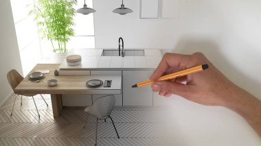 Mimar iç tasarım konsepti: el alan gerçek, modern ada ve dışkı ile beyaz ve ahşap mutfak haline iken bir tasarım iç Proje çizimi