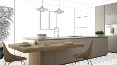 Bitmemiş proje, inşaat taslak altında, konsept iç tasarım kroki, el plan arka plan, mimar ve tasarımcı fikri ile gerçek modern minimalist mutfak işaret