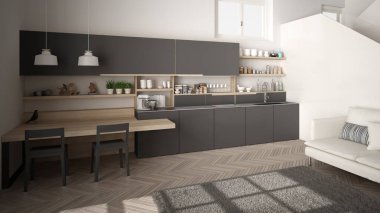 Minimalist modern beyaz, gri ve ahşap mutfak temiz merdiven ile çağdaş açık alanda, kanepe ve halı ile oturma odası, iç tasarım mimari konsept fikir