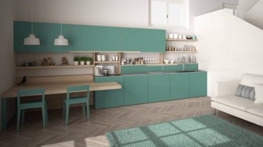 Minimalist modern beyaz, turkuaz ve ahşap mutfak temiz merdiven ile çağdaş açık alanda, kanepe ve halı ile oturma odası, iç tasarım mimari konsept fikir