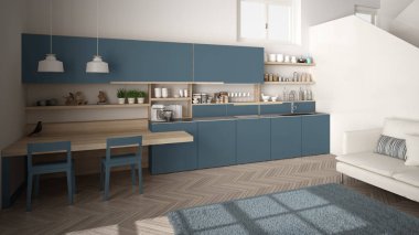 Minimalist modern beyaz, mavi ve ahşap mutfak temiz merdiven ile çağdaş açık alanda, kanepe ve halı ile oturma odası, iç tasarım mimari konsept fikir