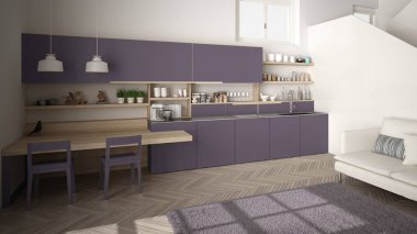 Minimalist modern beyaz, mor ve ahşap mutfak temiz merdiven ile çağdaş açık alanda, kanepe ve halı ile oturma odası, iç tasarım mimari konsept fikir