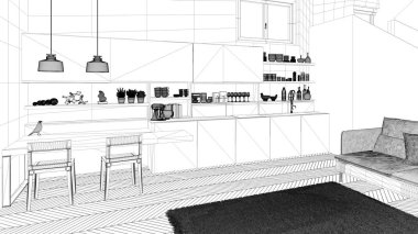 Blueprint proje taslağı, minimalist modern beyaz, merdiven ile çağdaş açık alanda mor ve ahşap mutfak, kanepe ve halı ile oturma odası, iç tasarım konsept fikri