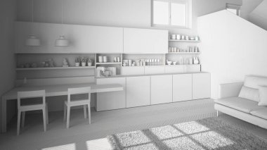 Temiz merdiven, kanepe ve halı ile oturma odası, iç tasarım mimari konsept fikri ile çağdaş açık alanda minimalist modern mutfak toplam beyaz proje