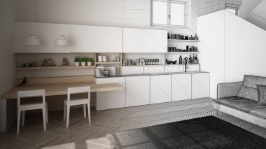 Mimar iç tasarımcı kavramı: gerçek olur bitmemiş proje, merdiven ile açık alanda minimalist modern mutfak, oturma odası, modern iç tasarım konsept fikri