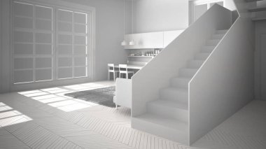 Temiz merdiven, kanepe ve halı ile oturma odası, iç tasarım mimari konsept fikri ile çağdaş açık alanda minimalist modern mutfak toplam beyaz proje