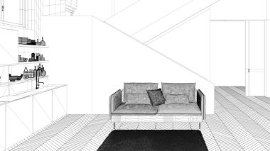 Blueprint proje taslağı, minimalist modern beyaz, merdiven ile çağdaş açık alanda mor ve ahşap mutfak, kanepe ve halı ile oturma odası, iç tasarım konsept fikri