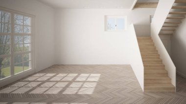 Boş oda iç tasarımı, beyaz duvarlar, modern tarz, parke zemin, ahşap merdiven, minimalist çağdaş mimari, konsept, maket, mimari fikir ile açık alan