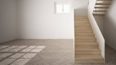 Boş oda iç tasarımı, beyaz duvarlar, modern tarz, parke zemin, ahşap merdiven, minimalist çağdaş mimari, konsept, maket, mimari fikir ile açık alan