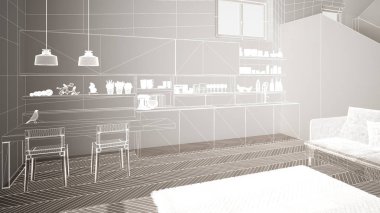 Beyaz ringa kemiği parke zemin, özel mimari tasarım projesi, beyaz mürekkep kroki, modern mutfak, konsept, maket, mimari fikir gösteren plan ile boş beyaz iç