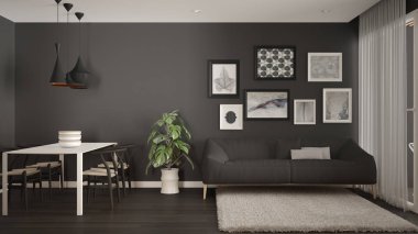 Yemek masası, kanepe ve kürk halı, saksı bitki ve parke zemin, çağdaş mimari iç tasarım ile sıcak ve confortable İskandinav beyaz ve gri oturma odası