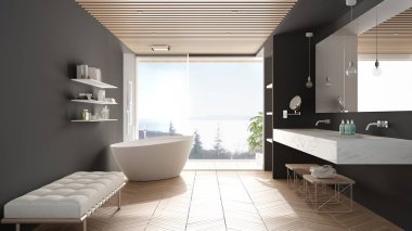 Parke zemin ve ahşap celiling ile Lüks modern beyaz ve gri banyo, deniz panorama, küvet, duş ve çift lavabo, iç tasarım, minimal mimari büyük panoramik pencere