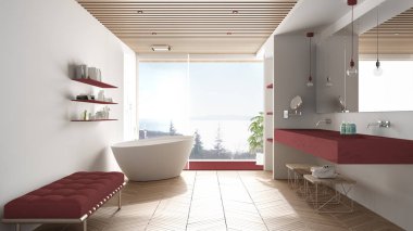 Parke zemin ve ahşap celiling ile lüks modern beyaz ve kırmızı banyo, deniz panoraması büyük panoramik pencere, küvet, duş ve çift lavabo, iç tasarım, minimal mimari