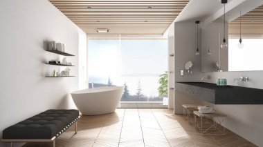 Parke zemin ve ahşap celiling ile Lüks modern beyaz ve gri banyo, deniz panorama, küvet, duş ve çift lavabo, iç tasarım, minimal mimari büyük panoramik pencere